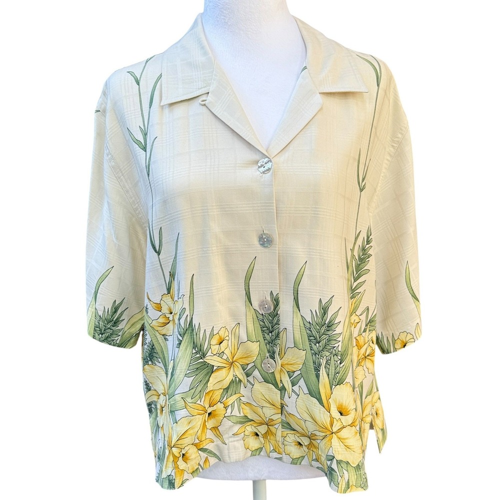 Tommy Bahama Womens M Silk Floral Shirt Yellow Cream Resortwear Coastal Beach